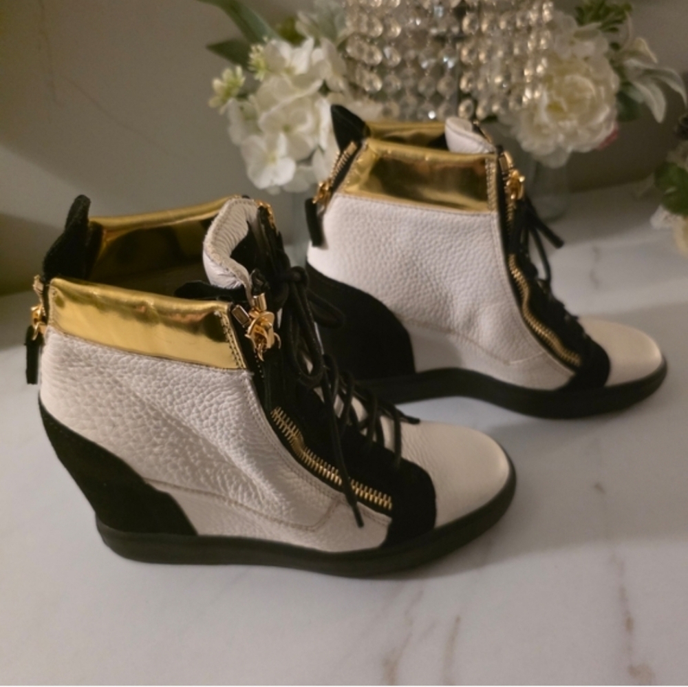 Giuseppe Zanotti White Black & Gold Wedge Sneaker Booties